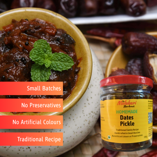 Bowl of dates pickle with a jar of The Malabari Merchant Homemade Dates Pickle on a wooden surface.