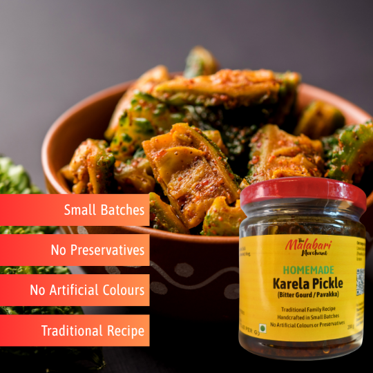 Jar of The Malabari Merchant Homemade Karela Pickle with text about product features and a bowl of Karela pickle on a dark background