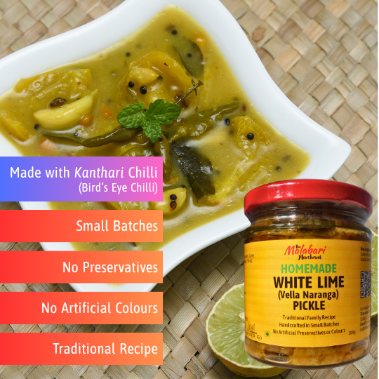 Jar of The Malabari Merchant Homemade White Lime Pickle with a dish of White lime pickle on a woven mat background