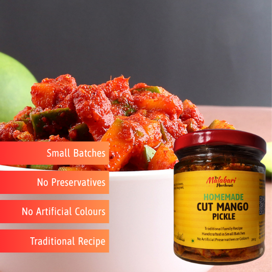 Jar of The Malabari Merchant Homemade Cut Mango Pickle with text about product features on a dark background