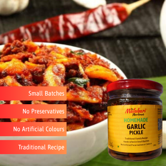 Jar of The Malabari Merchant garlic pickle with text about its qualities and a dish of garlic pickle in the background.