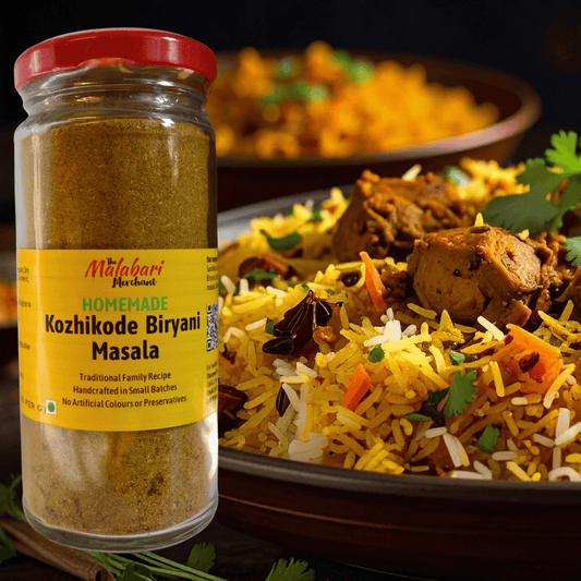 Jar of The Malabari Merchant Kozhikode Biryani Masala with a plate of biryani in the background