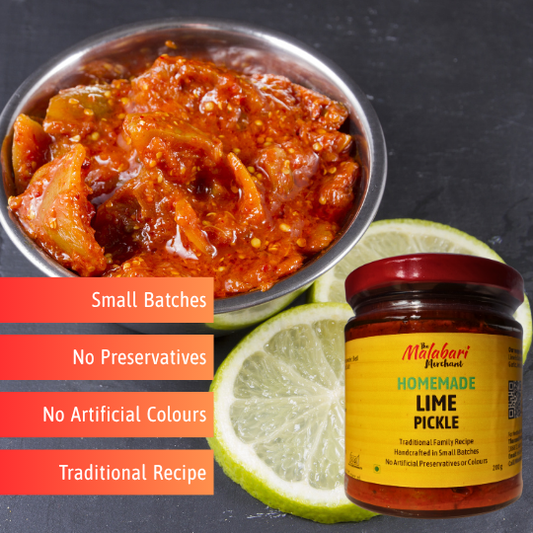 Jar of The Malabari Merchant lime pickle with a bowl of red lime pickle and limes on a dark background.