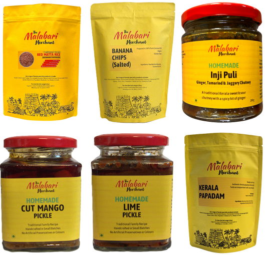 SADHYA COMBO | Additional 10% Onam DISCOUNT + FREE Matta Rice + FREE Red Rice Poha | Banana chips, Sharkara Upperi, Cut Mango pickle, White Lime pickle, Injipuli, Papadam