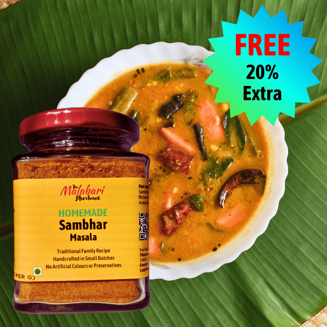 Jar of The Malabari Merchant Homemade Sambhar Masala with a bowl of sambhar on a green leaf background, featuring a promotional offer.