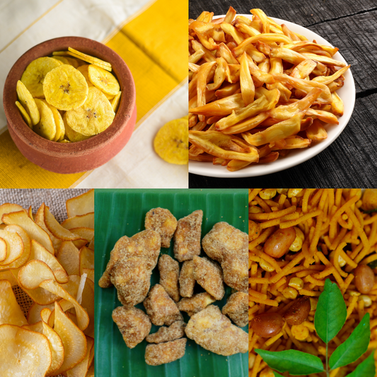SNACKS COMBO | Kerala Banana chips, Jackfruit chips, Tapioca chips, Sharkara Upperi, Spicy mixture