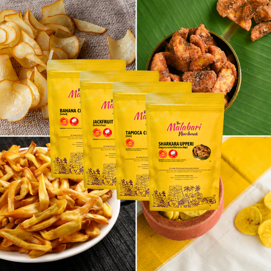 SNACKS COMBO | Banana chips, Jackfruit chips, Tapioca chips, Sharkara Upperi